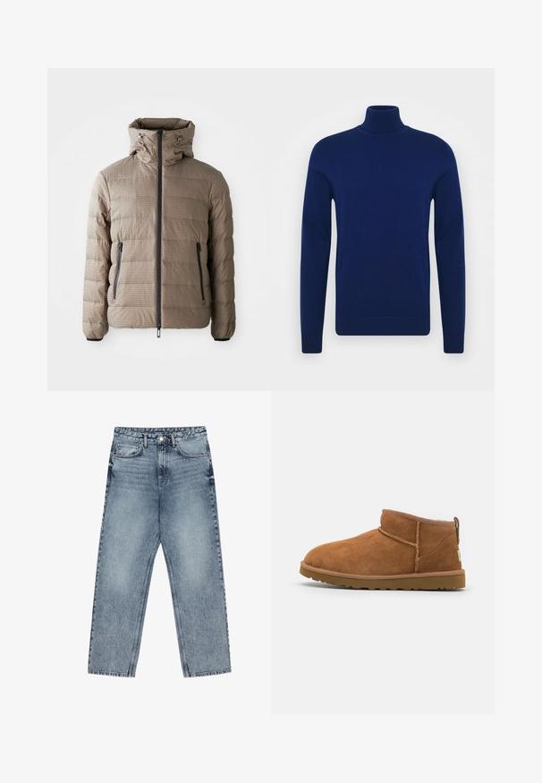 Puffjacke in Taupe mit Kapuze, aus strukturiertem Stoff, horizontalem Steppmuster, Frontreißverschluss und Seitentaschen.; Dunkelblauer Rollkragenpullover aus glattem Strickstoff. Lange Ärmel und enganliegendes Design mit gerippten Akzenten am Kragen und Saum.; Hellblaue Jeans aus Denim mit geradem Schnitt, sichtbaren Nähten, fünf Taschen-Design und einem Knopfverschluss an der Taille.; Hellbraune Wildleder-Stiefelette mit runder Zehenform, dezenten Nähdetails und einer strukturierten Gummisohle. Kurze Höhe ohne Schnürsenkel.