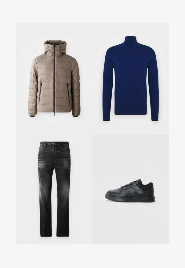 Taupe värvi puffjakker, millel on kapuuts, tekstureeritud kangas, horisontaalne õmblusmuster, esine lukuga ja küljetaskud.; Tumsinine kõrge kaelusega svetsar, mis on valmistatud sileda kudumisega kangast. Pikkade varrukatega ja keha lähedaselt liibuva disainiga, ribaga aktsentidega kaeluse ja servade juures.; Mustad denim püksid otse lõikega. Omavad kulunud piirkondi, väikseid kahjustusi, klassikalist viit taskut ning nööpkinnitust.; Mustad mustad, millel on sile nahk, võrkdetailid, perforatsioonid ja tekstureeritud kummist talla madal profiil.