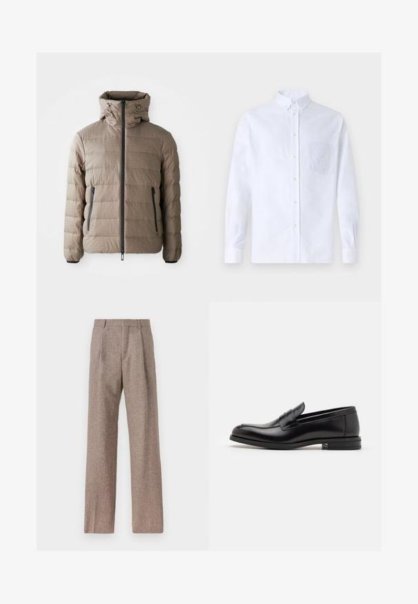 Puffatakki taupe-värissä hupulla, jossa on teksturoitu kangas, vaakasuora tikkikuvio, etuvetoketju ja sivutaskut.; Valkoinen pitkähihaista napillista paitaa, joka on valmistettu puuvillasta. Paita sisältää rinnan kohdalla taskun, jossa on samaa sävyä oleva brodeeraus, kauluksen sekä napilliset hihansuut.; Ruskejat, korkeavyötäröiset housut, jotka on valmistettu teksturoidusta kankaasta. Ominaisuuksina ovat leveät lahkeet ja kaksi etupuolelle ommeltua laskosta rakenteen tukemiseksi. Siisti viimeistely ilman näkyvää metalliosaa.; Mustat nahkakengät, joissa on sileä pinta, pyöreä kärki ja koristeellinen nauha jalkapöydän yli. Matala pinoitu koroke, minimalistinen muotoilu.