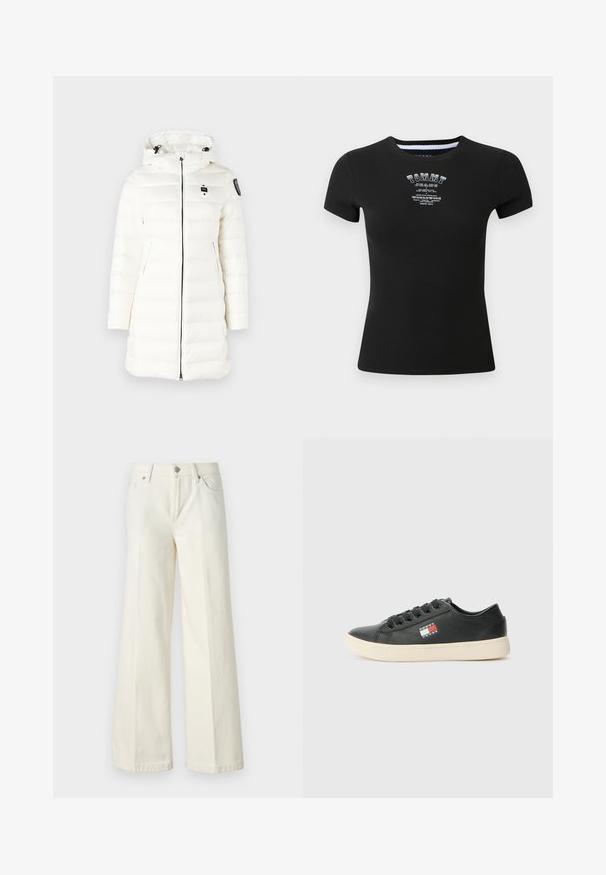 Blauer AGNES - Talvitakki - bianco ottico; Musta ribbit-paita lyhyillä hihoilla, jossa on valkoinen "TOMMY JEANS" -logo ja teksti kuluneessa tyylissä rinnan yli.; Valkoiset leveät farkut, jotka on valmistettu puuvillasekoitteesta. Ominaisuuksina vetoketjuluukku, viisi taskua ja ompeleet saumoissa.; Musta nahkasneakeri, jossa on valkoinen kumipohja ja sivulogo, jossa on punaisia ja sinisiä yksityiskohtia. Klassinen nauhakiinnitys ja pyöreä varvas.