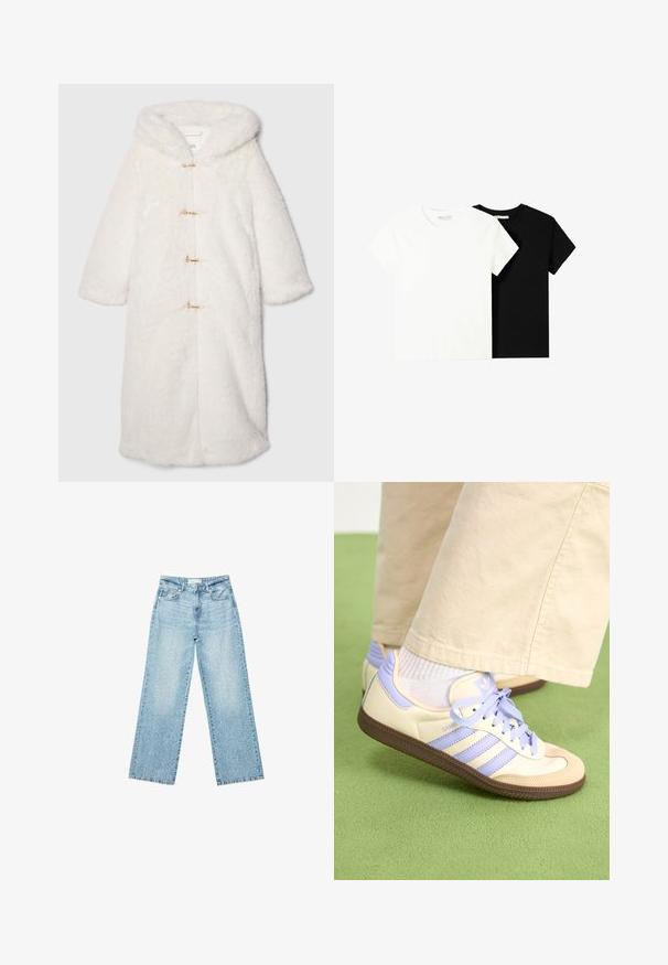 GAP GAP X CULT GAIA FAUX FUR COAT - Klassisk frakke - antique white; To korte ærmel t-shirts, en hvid og en sort, lavet af bomuld. Begge har en rund halsudskæring og et enkelt, klassisk design.; Lyseblå denim bukser med bred benvidde og høj talje, præget af en falmet vask og små, spredte slidte detaljer overalt.; Creme og lavendel sneakers med tre striber og en tekstureret brun sål, der har snørebånd og en polstret hæl. Blødt stof øvre.
