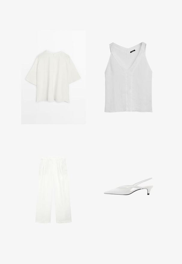 Witte, oversized top met korte mouwen en een eenvoudige ronde halslijn, met een naaddetail aan de achterkant, gepresenteerd tegen een effen witte achtergrond.; Massimo Dutti FLOWING DOUBLE FABRIC GARMENT - Top - white; Witte wijde broek gemaakt van een lichte stof, met een vlakke voorkant, plooien en een tailleband, die een losse, luchtige pasvorm biedt.; Witte slingback hak met spitse neus, voorzien van een gladde bovenkant, subtiele uitsparingen en een lage blokhak. Zwarte zool accentueert het ontwerp.