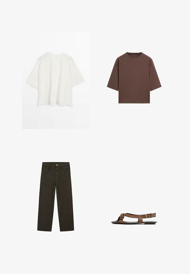 Biała, oversize bluzka z krótkim rękawem, z prostym okrągłym dekoltem i detalem szwu z tyłu, prezentowana na jednolitym białym tle.; Brązowy, krótki t-shirt z okrągłym dekoltem, krótkimi rękawami i miękką fakturą. Zaprojektowany w luźnym kroju z minimalnymi detalami.; Ciemnozielone spodnie dżinsowe typu wide-leg wykonane z mieszanki bawełny, z zamkiem na guzik z przodu, pięcioma kieszeniami i klasycznym przeszyciem dżinsowym.; Brązowe skórzane sandały z otwartym palcem i wycięciami po bokach. Posiadają pasek na kostkę z metalową klamrą oraz płaską podeszwę.