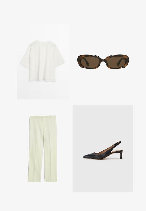 Top bianco oversize a maniche corte con scollo rotondo semplice e dettaglio della cucitura posteriore, esposto su uno sfondo bianco uniforme.; Polo a righe con maniche corte e texture a coste. Colori: bianco e nero. Presenta un collo a V e un colletto morbido in contrasto.; Pantaloni su misura color crema con un design a gamba dritta, dotati di una parte frontale piatta, passanti per cintura e una superficie liscia.; Pump slingback in pelle nera con punta appuntita, tacco basso e texture liscia. Presenta una sottile cinghia regolabile per una vestibilità sicura.; Occhiali da sole tartarugati con una montatura rettangolare arrotondata e liscia e lenti marroni. Presentano aste sottili e curvate con una finitura lucida.; Borsa a mano in pelle nera con due lunghe maniglie, forma rettangolare, texture liscia e angoli inferiori angolari. Nessun hardware o motivi visibili.