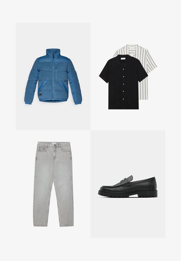 Blue puffer jacket featuring horizontal ribbed texture on shoulders and sleeves, front zip closure, and dual side pockets.; Two short-sleeve shirts: one solid black, one white with black vertical stripes. Both feature button closures and a classic collar.; Light grey denim pants with a straight-leg design, five-pocket styling, and a button closure. Visible stitching along the seams.; Black leather loafers with a rounded toe, featuring a stitched design, low platform sole, and a textured, lugged rubber outsole.