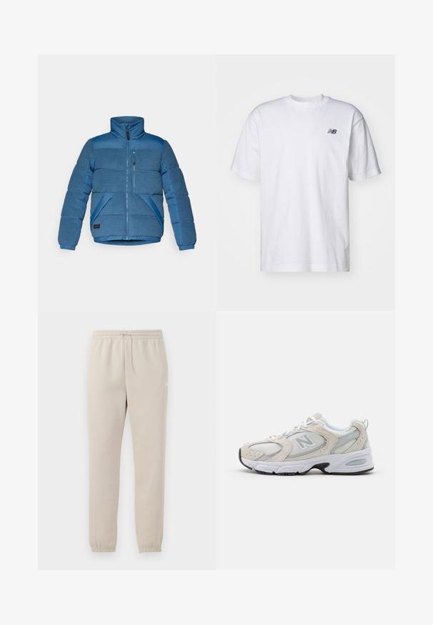 Blue puffer jacket featuring horizontal ribbed texture on shoulders and sleeves, front zip closure, and dual side pockets.; White short-sleeve crew neck T-shirt with small black New Balance logo on left chest against a plain background.; Light beige sweatpants made of soft fabric with an elastic waistband, adjustable drawstring, and tapered cuffs at the ankles.; Athletic shoe featuring a light gray mesh upper with suede accents, white laces, and a black rubber sole. Notable ABZORB cushioning detail.