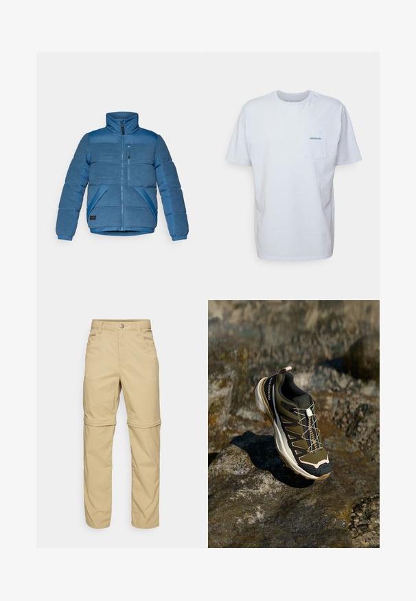 Modrá péřová bunda s horizontální žebrovanou texturou na ramenou a rukávech, předním zipovým uzávěrem a dvojitými bočními kapsami.; Bílá bavlněná tričko s krátkými rukávy, kulatým výstřihem a kapsou na levé straně hrudi, která má modré logo "Patagonia". Klasický střih s hladkou strukturou.; Béžové kalhoty se zipem, hladkého povrchu, s dvěma bočními kapsami, knoflíkovým zapínáním a ohrnovacími manžetami pro všestranné použití.; Trekové boty v olivově zelené a černé barvě s růžovými detaily. Mají texturovaný svršek, flexibilní podrážku, vyztuženou špičku a barevný systém šněrování.