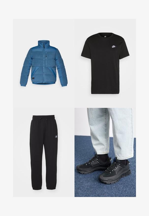Casaco puffer azul com textura ribbed horizontal nos ombros e mangas, fecho frontal com zíper e dois bolsos laterais.; T-shirt de algodão preto com mangas curtas, decote redondo e um pequeno logótipo da Nike em branco no canto superior esquerdo do peito. Textura suave. Ajuste clássico.; Calças de moletom pretas feitas de tecido macio, com um cós elástico com cordão, tornozelos com punho e um pequeno logótipo na parte superior da coxa.; Sapatilhas desportivas pretas com tecido texturizado e solas em borracha, apresentando atacadores elásticos e um detalhe azul no calcanhar. Usadas com calças de ganga claras.