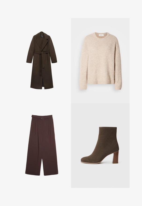 Bruine wollen jas met een grote uitgestanste kraag, lange mouwen en een ceintuur in de taille. Heeft strakke lijnen en een open voorkant.; Beige gebreide trui met een ronde halslijn, lange mouwen en geribde zoom. Zacht, textuurstof met een relaxed fit.; Witte korte mouwen t-shirt van katoen. Heeft een ronde halslijn en een ontspannen pasvorm. Glad textuur zonder zichtbare patronen of accenten.; Stradivarius WIDE-LEG WITH BUCKLE DETAIL - Broek - dark brown; Bruine suède enkellaars met een ronde neus en een gestapelde, gestructureerde hak. Glad exterieur zonder zichtbare sluitingen of versieringen.