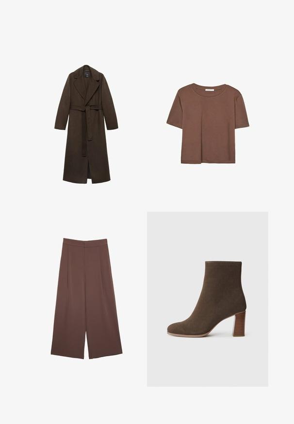 Brun ullkappa med en stor utskuren krage, långa ärmar och bälte i midjan. Har rena linjer och en öppen framdesign.; Brun kortärmad t-shirt i mjukt tyg, med rund halsringning och avslappnad passform. Inga synliga mönster eller detaljer.; Bruna vida byxor med en slät textur, som har hög midja och framfickor. Tyget är lätt och flödar löst.; Brun mockaskinns ankelboot med rund tås och en staplad, texturerad klack. Slät yta utan synliga knäppningar eller dekorationer.