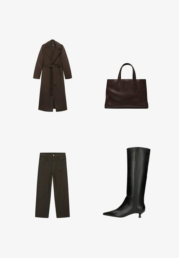 Manteau en laine marron avec un grand col cranté, des manches longues et une taille ceinturée. Présente des lignes épurées et un design à ouverture frontale.; T-shirt en coton marron, à manches courtes, col rond, coupe décontractée, texture lisse, design minimaliste, sans motifs ni accents visibles.; Jeans large en denim vert foncé en mélange de coton, avec une fermeture à bouton à l'avant, cinq poches et des coutures classiques en denim.; Bottes noires montantes en cuir lisse, avec un bout pointu et un petit talon. Design élégant et ajusté avec un minimum de détails.; Sac tote en cuir marron avec deux poignées allongées, forme rectangulaire structurée, texture lisse et détails de couture subtils.