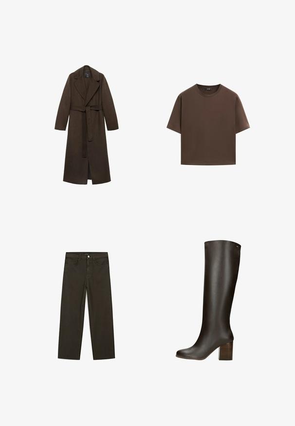 Brązowy wełniany płaszcz z dużym klapowym kołnierzem, długimi rękawami i paskiem w talii. Charakteryzuje się prostymi liniami i otwartym przodem.; Brązowa bawełniana koszulka, krótki rękaw, okrągły dekolt, luźny fason, gładka tkanina, minimalistyczny design, bez widocznych wzorów czy akcentów.; Ciemnozielone spodnie dżinsowe typu wide-leg wykonane z mieszanki bawełny, z zamkiem na guzik z przodu, pięcioma kieszeniami i klasycznym przeszyciem dżinsowym.; Brązowy skórzany but do kolan z kwadratowym noskiem, blokowym obcasem i gładką teksturą. Z tyłu znajduje się subtelne logo na górze.