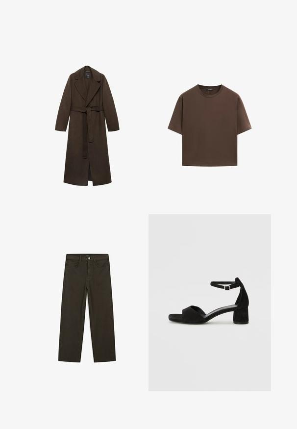 Manteau en laine marron avec un grand col cranté, des manches longues et une taille ceinturée. Présente des lignes épurées et un design à ouverture frontale.; T-shirt en coton marron, à manches courtes, col rond, coupe décontractée, texture lisse, design minimaliste, sans motifs ni accents visibles.; Jeans large en denim vert foncé en mélange de coton, avec une fermeture à bouton à l'avant, cinq poches et des coutures classiques en denim.; Sandales à talons en daim noir avec une fine lanière à la cheville, design à bout ouvert et un talon carré modeste. Texture lisse et accents minimalistes.