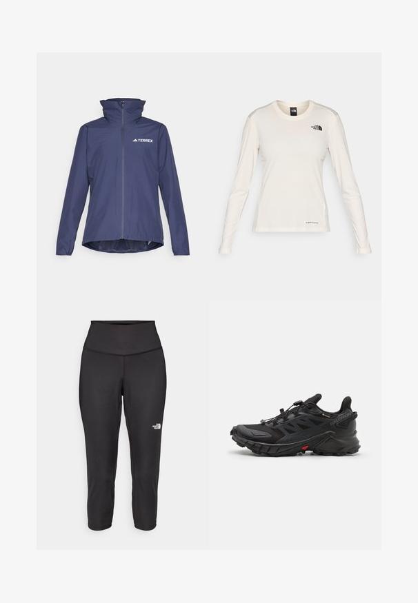 Jūrinis vandeniui atsparus džemperis su aukštu apykakle, priekiniais užtrauktukais ir Terrex logotipu. Turi ilgus rankovės ir šiek tiek išlenktą apatinę dalį, kad užtikrintų apsaugą.; The North Face SHADOW LONG SLEEVE - Ilgarankovis viršutinės dalies drabužis - white dune; Juodos capri tipo leggingai, pagaminti iš tamprios medžiagos, su aukštu juosmeniu ir mažu baltu logotipu kairėje pusėje. Lygi tekstūra.; Juodi sportiniai batai su tekstūruota viršutine dalimi, turintys saugų raištelių sistemą, paminkštintą pado dalį ir ryškų raudoną akcentą šone.