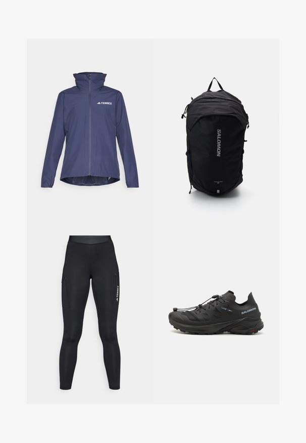 Mornarska vodoodporna jakna z visokim ovratnikom, sprednjim zadrgo in logotipom Terrex. Ima dolge rokave in rahlo ukrivljen rob za dodatno zaščito.; Dolga majica bele barve z dolgimi rokavi in z ovratnikom, s majhnim osrednjim logotipom na prsih, prikazana na enobarvni podlagi.; Črne športne legice z oprijetim dizajnom, narejene iz elastičnega materiala. Imajo stranske žepke in belo oznako "TERREX".; Črne trail tekaške copate z teksturirano zgornjim delom, mrežnimi paneli in varnim sistemom zapenjanja. Imajo robusten podplat za oprijem.; Črn nahrbtnik z elegantno zasnovo, teksturirano tkanino, nastavljivimi naramnicami in izstopajočim srebrnim logotipom "SALOMON" spredaj.