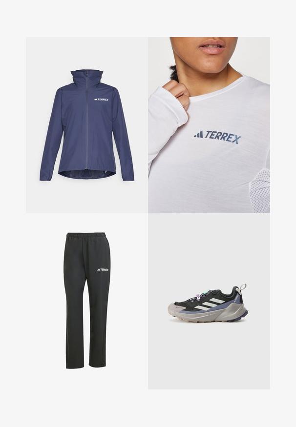 Jūras zils ūdensnecaurlaidīgs jaka ar augstu apkakli, priekšējo rāvējslēdzēju un Terrex logo. Ietver garas piedurknes un nedaudz izliektu apakšmalu, lai nodrošinātu segumu.; Balta garām piedurknēm krekls ar zilu "TERREX" logotipu. Audums ir viegls, ar strukturētu sietu akcentiem uz pleciem.; Melnas vieglas bikses ar elastīgu jostu. Satur diskrētu "TERREX" logo baltā krāsā. Gluda auduma un taisnu kāju dizains.; Melnas sporta kurpes ar Gore-Tex augšdaļu, baltām svītrām, purpursarkanām akcentiem, biezā pelēkā vidussole un teksturēta pelēka ārējā zole, kas nodrošina saķeri.