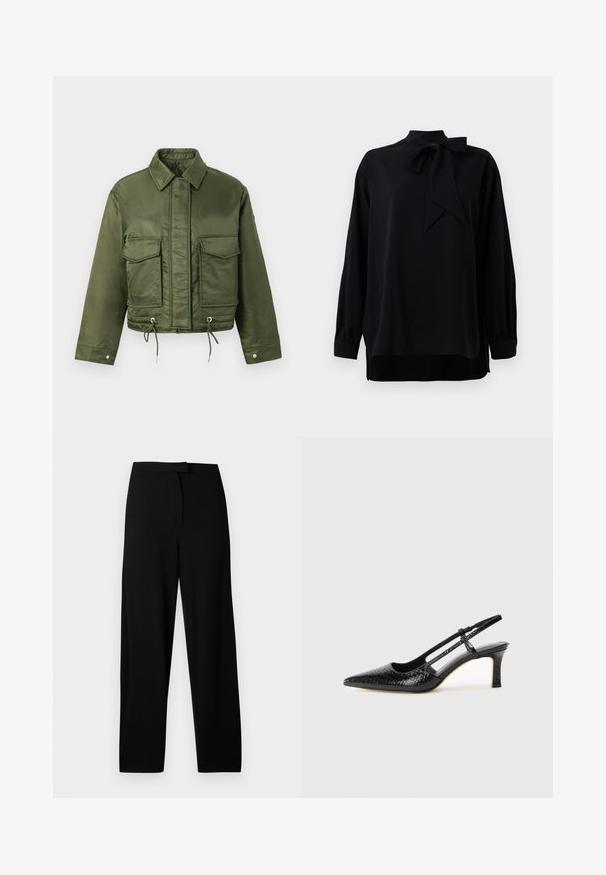 Olive green cropped jacket made of smooth, shiny fabric. Features two chest pockets, drawstring hem, and a classic collar.; Black blouse with a high collar and bow tie detail. Long sleeves with cuffed ends. Made from smooth fabric with a relaxed fit.; Black wide-leg trousers made of soft, stretchy fabric. Features a smooth waistband and no visible seams or pockets. Simple and versatile design.; Black patent slingback heel with a pointed toe, featuring textured snake print, adjustable strap, and a short, textured block heel.
