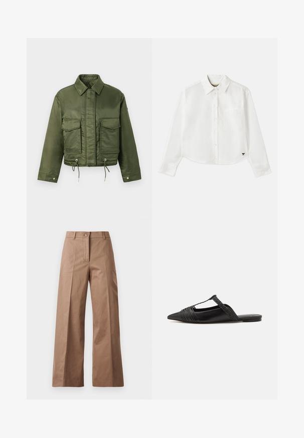 Giacca cropped verde oliva realizzata in un tessuto liscio e lucido. Caratterizzata da due tasche sul petto, orlo regolabile con cordino e colletto classico.; Camicia bianca a maniche lunghe e taglio corto in cotone. Presenta una chiusura con bottoni sul davanti, una tasca sul petto e un piccolo logo nero in basso a sinistra.; Pantaloni larghi marroni realizzati in un tessuto morbido, con chiusura frontale con bottone, due tasche anteriori e linee pulite e sartoriali.; Scarpa slingback in pelle nera con punta appuntita, con un dettaglio intrecciato e un design superiore plissettato. Suola piatta con hardware minimale.