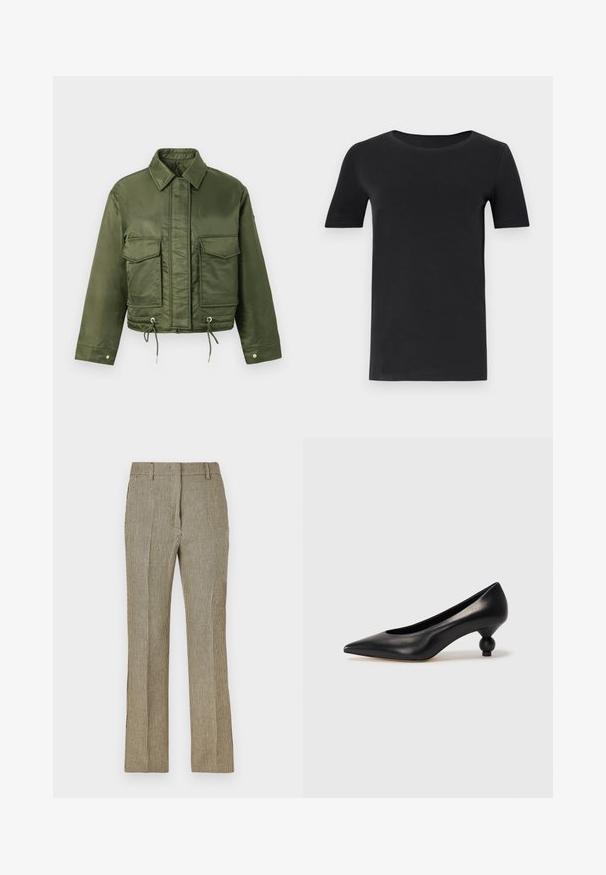 Veste cropped vert olive en tissu lisse et brillant. Dispose de deux poches poitrine, d'une taille ajustable à cordon et d'un col classique.; T-shirt noir à manches courtes en coton doux, avec un col rond et une coupe classique. Texture lisse, sans motifs ni embellissements.; Pantalons ajustés à carreaux beiges et noirs avec une jambe droite, dotés de passants de ceinture et de poches latérales, fabriqués dans un tissu lisse.; Chaussure à talon haut en cuir noir avec un bout pointu et un talon arrondi. Texture lisse avec un design épuré et minimal.