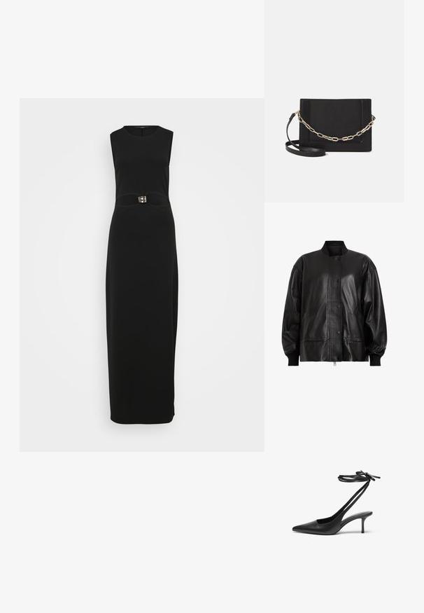 Jachetă bomber din piele neagră cu panouri nervurate și închidere cu buton. Are buzunare laterale și tiv elastic pentru o ajustare perfectă.; Rochie maxi neagră fără mâneci, cu o siluetă ajustată, textură netedă și un accent distinctiv cu cataramă la talie.; Pantof de stiletto din piele neagră, cu vârf ascuțit, spate deschis și curele pentru gleznă legate în fundă. Toc subțire de 3 inci. Textură netedă, design minimalist.; Geantă de umăr din piele neagră, cu o textură netedă, formă rectangulară și un detaliu din lanț metalic în față. Include curea reglabilă.