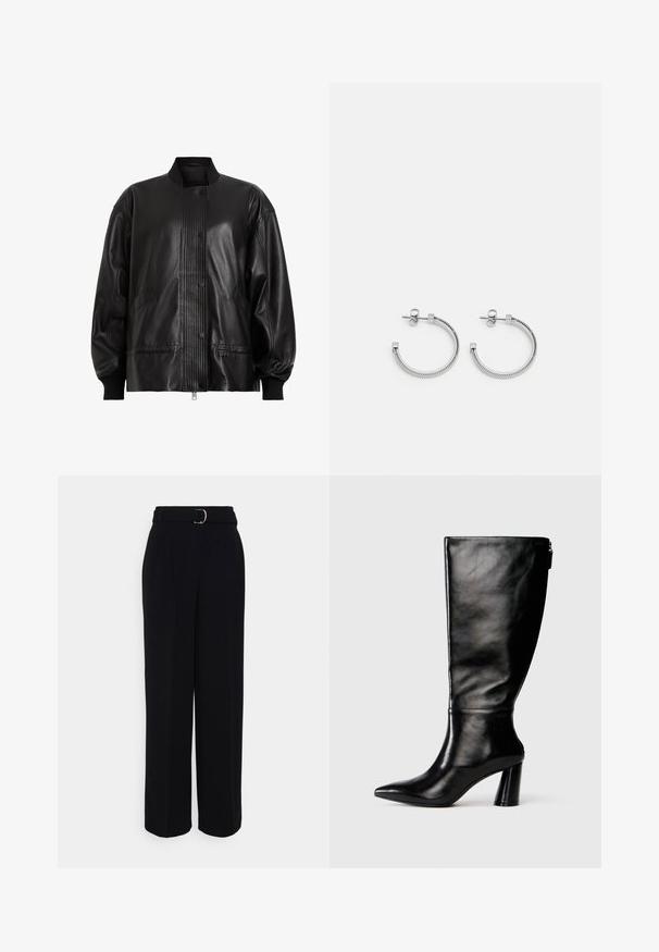 Czarna skórzana kurtka bomberka z żebrowanym panelem i zapięciem na guziki. Oferuje kieszenie boczne oraz elastyczne wykończenie rękawów dla idealnego dopasowania.; Jasny sweter z okrągłym dekoltem, długimi rękawami, prążkowanym wykończeniem i miękką teksturą. Bez wzorów ani widocznych detali metalowych.; Czarne, dopasowane spodnie o szerokim kroju nogawek, z paskiem z srebrną klamrą, plisami i gładką fakturą materiału.; Czarny skórzany but do kolan z ostro zakończonym noskiem, gładką fakturą i grubym obcasem. Posiada zamek z tyłu.; Srebrne kolczyki w kształcie kół z fakturowanym wzorem przypominającym linę, z płaskim kwadratowym zapięciem, co tworzy minimalistyczny i nowoczesny wygląd.