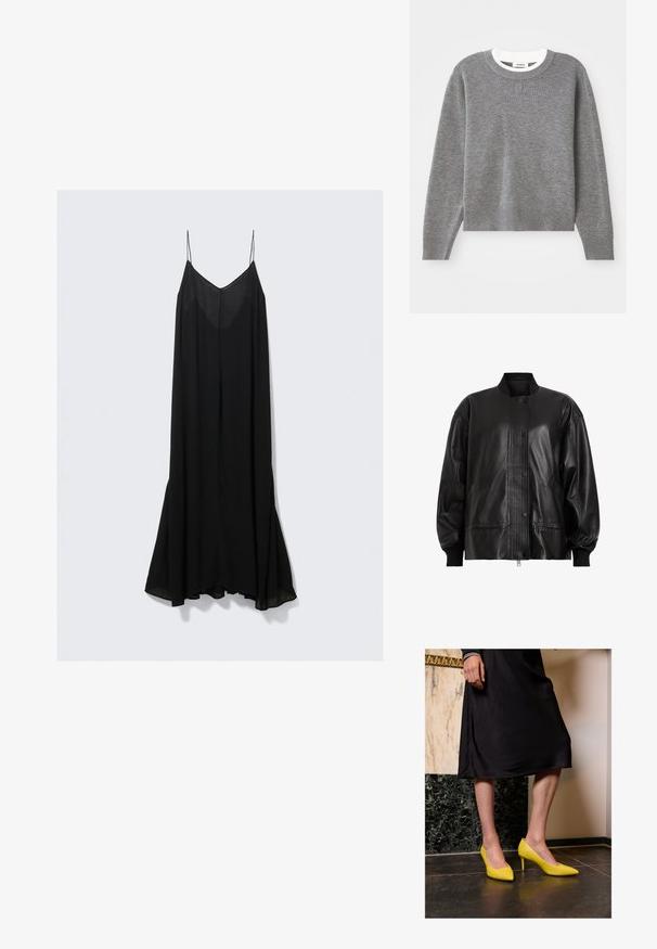 Must mustrakk nahkabuus, millel on ribatud paneel ja nupulukk. Omab külgpockets ja elastseid mansette, et saavutada sobiv sobivus.; Hallidega hall sviiter, millel on pikad varrukad, ümmargune kaelus ning soonikkoes mansetid ja äär.; Must mustriga kleit sügava V-kaelusega, tehtud kergest kangast, mis voolab laienedes äärtesse.; Kollase patendi nahast kõrged kontsad teravate varvaste ja õhukeste stilettokontsadega, asetatud tumedale kivipõrandale, heleda seina taustal.