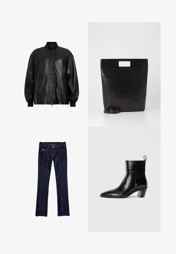 Černá kožená bomber bunda s žebrovaným panelem a knoflíkovým zapínáním. Obsahuje boční kapsy a elastické manžety pro přizpůsobený střih.; Bílá košile s dlouhým rukávem z hladké látky, s knoflíkovou přední částí, špičatým límečkem a kontrastním černým stehem podél légy a manžet.; Tmavě modré džíny z denimu se střihem rovného nohavice, s předním zapínáním na knoflík, pěti kapsami a viditelným švem podél švů.; Černá kožená kotníková bota s špičatou špičkou, geometrickou tvarovanou podpatkem a poutkem na zadní straně. Hladká textura a elegantní design.; Černá kožená taška přes rameno se čtvercovou rukojetí, s texturovaným povrchem a embosovaným logem. Obsahuje odnímatelný popruh.