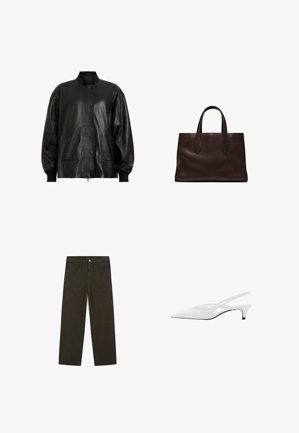 Zwarte leren bomberjack met een geribbelde panel en knoopsluiting. Voorzien van zijzakken en elastische manchetten voor een stevige pasvorm.; Bruine katoenen t-shirt, korte mouwen, ronde hals, relaxte pasvorm, gladde textuur, minimalistisch ontwerp, geen zichtbare patronen of accenten.; Donkergroene wijde jeans van een katoenmix, met een sluiting met een voorste knop, vijf zakken en klassieke denimstiksels.; Witte slingback hak met spitse neus, voorzien van een gladde bovenkant, subtiele uitsparingen en een lage blokhak. Zwarte zool accentueert het ontwerp.; Bruine leren tote bag met twee verlengde handvatten, gestructureerde rechthoekige vorm, gladde textuur en subtiele stiksels.