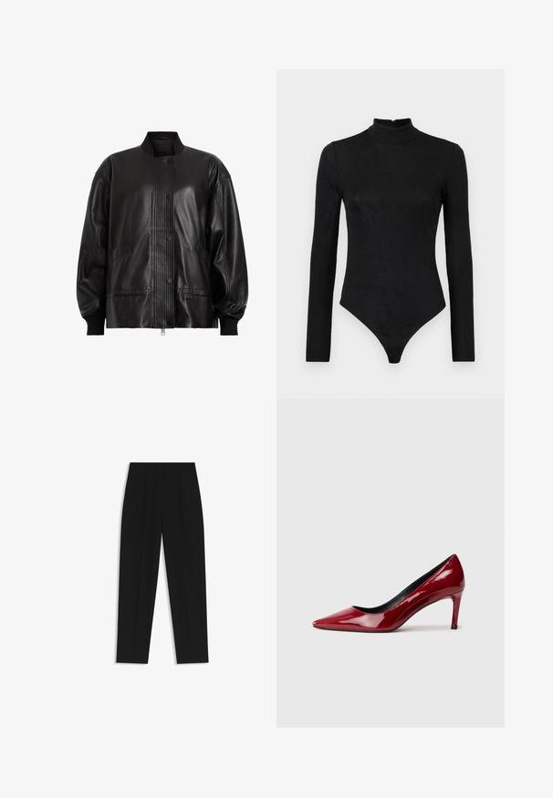 Black leather bomber jacket with a ribbed panel and button closure. Features side pockets and elastic cuffs for a tailored fit.; Black long-sleeve bodysuit with a high neck and subtle texture. Features a back zipper and a thong bottom design.; Black trousers with a straight fit, featuring double pleats, a smooth texture, and a classic waistband design. No visible hardware or accents.; Red patent leather high-heeled shoe with a pointed toe and a slim heel. Smooth texture with a glossy finish and black interior lining.