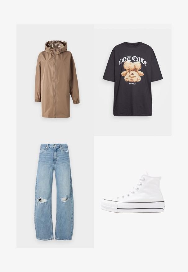 Veste imperméable marron avec capuche, fermeture éclair à l'avant, poignets élastiques et doublure intérieure brillante. Caractéristiques d'un design légèrement surdimensionné.; T-shirt noir oversize avec un graphique d'un ours et le texte « PAS MIGNON MAIS SAUVAGE » en lettres blanches, en gras. Matériau en coton.; Jeans en denim bleu clair à taille haute. Présentent des jambes larges, deux zones déchirées aux genoux et un style classique à cinq poches.; Baskets montantes en toile blanche avec semelle en caoutchouc noir, capuchon en caoutchouc à l'avant, et six œillets pour les lacets, présentant un design épuré et minimaliste.