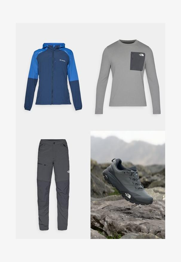 Námořnická modrá a modrá lehká bunda se zipem na přední straně, stahovací kapucí a elastickými manžetami. Obsahuje logo značky na hrudi a kontrastní panely.; Šedá košile s dlouhým rukávem z texturované tkaniny, s tmavě šedou náprsní kapsou a zipovým uzávěrem. Logo na kapse v bílé barvě.; Šedé venkovní kalhoty s hladkým povrchem, které mají boční kapsu na zip, vyztužené části na kolenou a decentní detail loga.; Šedá trailová běžecká bota s texturovaným svrškem, odolnou gumovou podrážkou a vyztuženou špičkou. Obsahuje tkaničky a logo značky na straně.