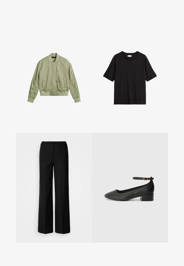 Giacca bomber verde chiaro con tasca con zip sulla manica sinistra, colletto e polsini a coste, e finitura liscia e opaca. Vestibilità sagomata con tasche laterali.; T-shirt nero a maniche corte con design classico a girocollo, realizzato in un tessuto morbido, con una vestibilità comoda e uno stile minimal.; Pantaloni neri a gamba larga in tessuto morbido, con vita alta, cuciture sartoriali e design minimalista. Nessuna ferramenta visibile o tasche.; Pump in pelle nera con punta affusolata e tacco basso a blocco. Presenta una cinghia alla caviglia con una fibbia in tonalità oro. Texture liscia.