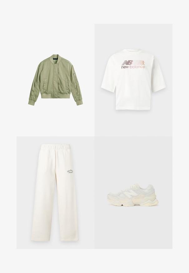 Veste bomber vert clair avec une poche zippée sur la manche gauche, un col et des poignets côtelés, et une finition lisse et mate. Fit ajusté avec des poches latérales.; T-shirt blanc à manches courtes en coton, avec un logo dégradé en rose et gris et le texte "new balance" sous le logo.; Pantalons larges couleur crème fabriqués dans un matériau doux avec une ceinture élastique. Présente un texte brodé subtil en vert sur le devant.; Sneaker léger avec une tige en maille et en daim dans des teintes crèmes douces, doté d'une semelle épaisse et d'accents tridimensionnels.
