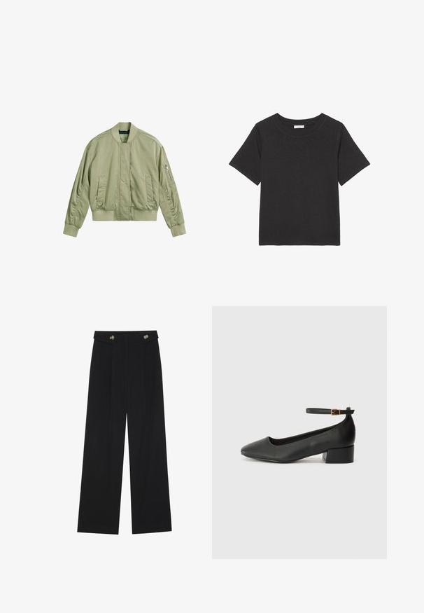 Casaco bombardeiro verde claro com um bolso com fecho éclair na manga esquerda, gola e punhos canelados, e um acabamento liso e mate. Corte ajustado com bolsos laterais.; T-shirt preta feita de tecido macio, com gola redonda e mangas curtas. O design é simples, sem padrões ou acentos visíveis.; Calças largas pretas com cintura alta, detalhes em botão na cintura e pregas frontais.; Sandal de pele preta com bico pontiagudo e um salto bloco baixo. Apresenta uma tira no tornozelo com uma fivela em tom dourado. Textura suave.