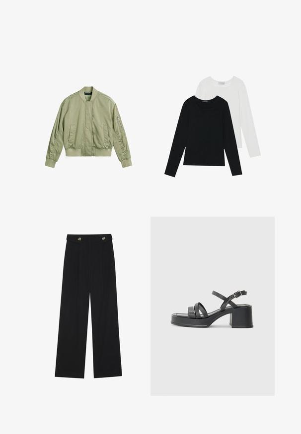 Šviesiai žalia bomber tipo striukė su užtrauktuku dešinėje rankovėje, raukšlėta apykakle ir rankovėmis, bei glotniu, matinio paviršiaus finišu. Tinkamo dydžio, su šoninėmis kišenėmis.; Du suknelės su ilgomis rankovėmis, viena juoda ir viena balta, abi su kvadratiniu iškirpimu ir pagamintos iš minkštos, elastingos medžiagos.; Juodi plačios kojos kelnės su aukštu liemeniu, sagų detalėmis ant liemens ir priekinėmis raukšlėmis.; Juodos aukštakulnės šlepetės su keliais siaurais dirželiais ir apvalia nosimi. Kulnas blokinis, su lygiu paviršiumi. Reguliuojamo dydžio sagtis.