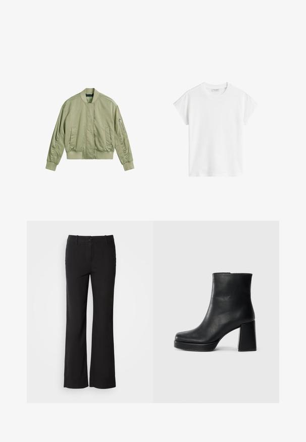 Chaqueta bomber verde claro con un bolsillo con cremallera en la manga izquierda, cuello y puños acanalados, y un acabado suave y mate. Corte ajustado con bolsillos laterales.; Camiseta de algodón de manga corta blanca. Presenta un corte relajado, con cuello redondo y costuras de hombro ligeramente caídas. Sin patrones ni acentos.; Pantalones de mezcla de algodón negros con un diseño de pierna recta, cierre frontal de botón y dos bolsillos laterales. Textura suave, sin patrones visibles.; Botín de cuero negro con tacón cuadrado y suela de plataforma, visto de lado sobre un fondo blanco liso.