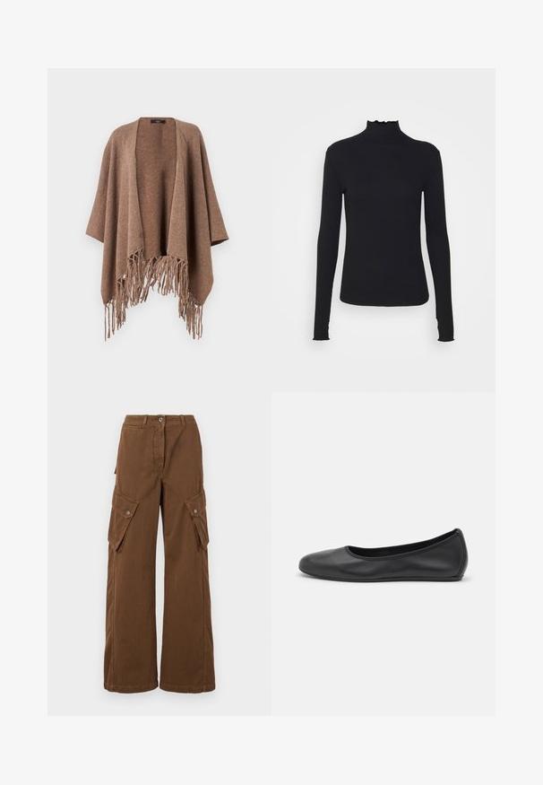 Weekend Max Mara POMPOSA - Cape - castagno; Haut à manches longues noir en col roulé, fabriqué en tissu lisse, présentant un col volanté et une silhouette ajustée avec des bords simples.; Weekend Max Mara LUCY HALE ELVY - Pantalon cargo - marrone; Ballerines en cuir noir avec un bout rond, texture lisse, détails de couture minimalistes et design de semelle flexible.