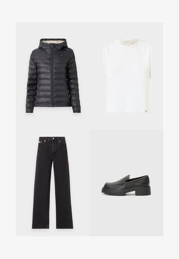 Sort polstret jakke med hætte, der har en fuld lynlås, vandret syninger og et lille logo på den øverste venstre side. Glat tekstur.; Hvid ærmeløs striktop med rund halsudskæring, ribbet kant og detaljer med side-syninger; har et lille mærke nederst.; Sorte vidde jeans lavet af denim, med høj talje, fem-lomme stil og en metalknap lukning med kontrasterende syninger.; Sorte læder loafers med rund tå, tyk tekstureret sål og minimale syninger. Elegant design uden synlige snørebånd eller hardware.