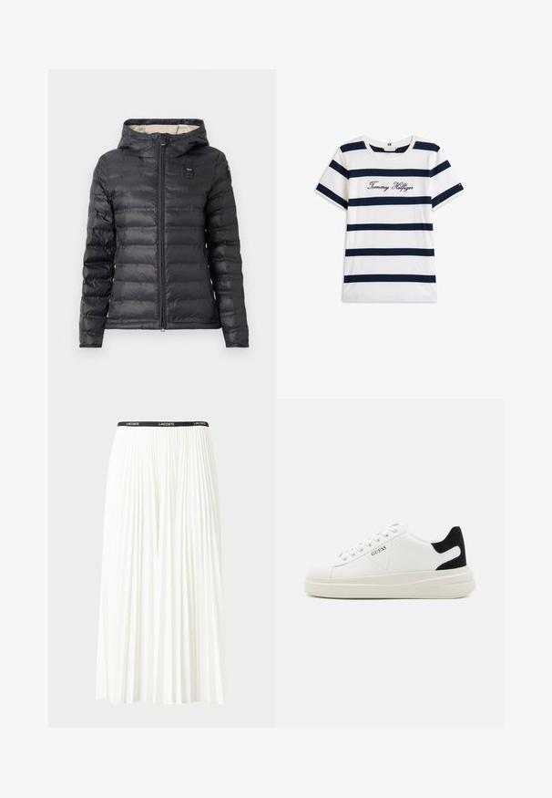 Černá prošívaná bunda s kapucí, vybavená plným zipem, horizontálním prošíváním a malým logem na levé horní straně. Hladká textura.; Bavlněné tričko s horizontálními námořnickými pruhy na bílém pozadí. Na hrudi je výšivka "Tommy Hilfiger" v kurzívě. Kulatý výstřih.; Záhybová bílá sukně s černým elastickým pasem s logem "LACOSTE". Suška je střední délky a má jemnou texturu.; Bílé kožené tenisky s tlustou bílou podrážkou, černým semišovým akcentem na patě a vyraženým logem na boku. Šněrovací design se šesti očka.