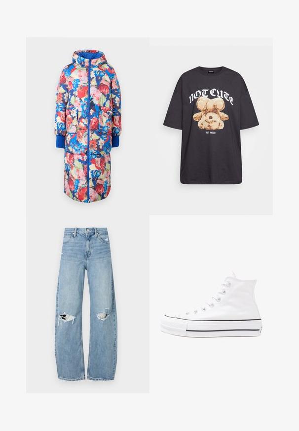 Pěnový květinový kabát s kapucí, zdobený červenými, růžovými a modrými květy na tmavém pozadí, dvěma předními kapsami a vroubkovanými modrými manžetami.; Černé oversized tričko s grafikou medvěda a textem „NENÍ CUTE, ALE DIVOKÝ“ v tučném bílém písmu. Bavlněný materiál.; Světle modré džíny s vysokým pasem vyrobené z denimu. Mají široké nohavice, dvě roztržené oblasti na kolenou a klasický pětikapsový střih.; Bílé vysoké plátěné tenisky s černou gumovou podrážkou, přední gumovou špičkou a šesti očky na tkaničky, se čistým, minimalistickým designem.