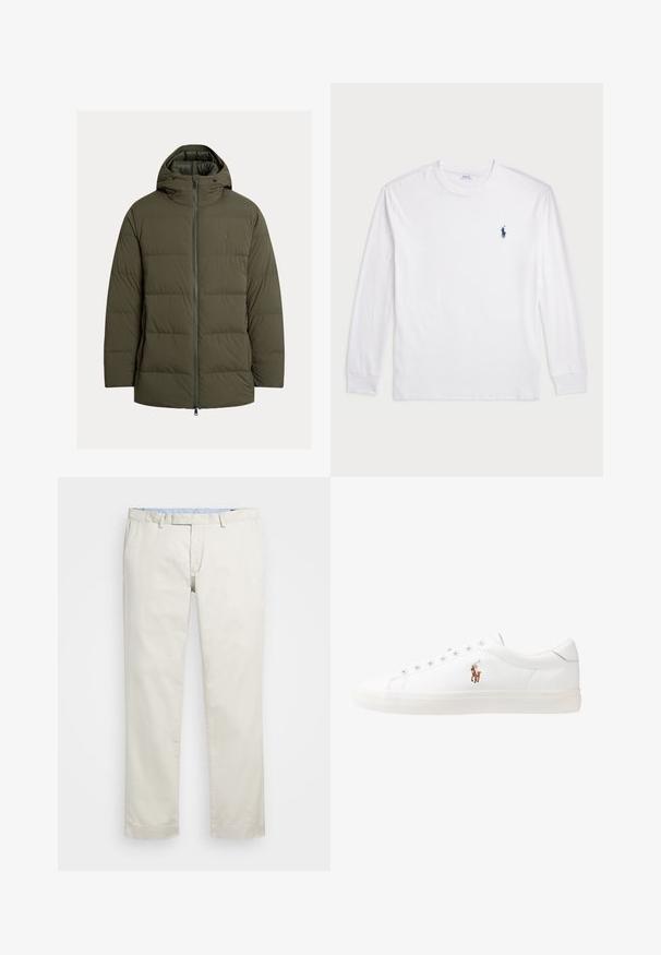 Casaco isolante verde-oliva com fecho de correr frontal, design acolchoado, capuz fixo e bolsos laterais. Textura suave e detalhe minimalista de marca.; Camisola de manga longa branca feita de algodão. Apresenta um decote redondo, punhos canelados e um pequeno logótipo de polo azul-marinho no lado esquerdo do peito.; Chinos de algodão bege com frente plana, passantes para cinto e bolsos laterais. Design de perna reta com uma textura suave e uma sensação leve e respirável.; Sapatilhas de couro brancas, design de cano baixo, com textura suave, biqueira redonda, atacadores à frente e um pequeno logótipo bordado na lateral.
