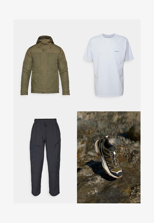 Olivgrön vadderad jacka med hög krage, justerbar huva, två framfickor och elastiska muddar. Texturerad tyg med en slät yta.; Vit bomulls t-shirt med korta ärmar, rund hals och ett vänster bröstficka med en blå "Patagonia"-logotyp. Klassisk passform med en slät textur.; Svarta cargobyxor gjorda av ett lätt, vattenavvisande material; har elastisk midja, flera fickor med dragkedja och avsmalnande ben.; Vandringsskor i olivgrönt och svart med rosa detaljer. Har en texturerad ovandel, flexibel sula, förstärkt tåhätta och en färgglad snörningssystem.