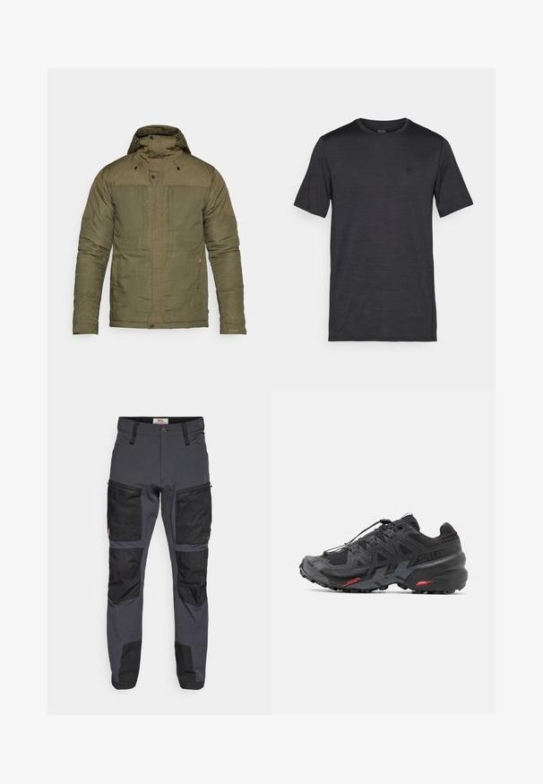 Olivovo zelená prešívaná bunda s vysokým golierom, nastaviteľnou kapucňou, dvoma prednými vreckami a elastickými manžetami. Štruktúrovaná tkanina s hladkým povrchom.; Čierne tričko s krátkymi rukávmi vyrobené z hladkej, ľahkej tkaniny. Má okrúhly výstrih a vyšívané logo na hrudi.; Sivé vonkajšie nohavice s čiernymi akcentmi, vyrobené z odolného materiálu. Obsahujú viacero vreciek a vystužené kolená pre zvýšenú pevnosť.; Čierne bežecké topánky so syntetickým zvrškom, textúrovaným dizajnom a kontrastnými červenými akcentmi. Obsahujú zabezpečený systém šnúrovania a robustnú podrážku.