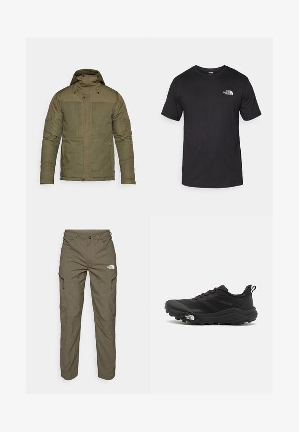 Olivnozeleni podložen plašč z visokim ovratnikom, nastavljivo kapuco, dvema sprednjima žepoma in elastičnimi manšetami. Tekstura tkanine je gladka.; Črna kratko sleeved majica iz bombaža, s krožnim izrezom in majhnim belim logotipom na zgornjem levem delu prsnega koša.; Olivno zeleni outdoor hlače iz lahkega materiala, z večjimi žepi, dodatki z zadrgo in logotipom na zgornji stegn.; Črne tekaške čevlje za trail s teksturirano zgornjega dela, gumijastim podplatom in ojačanim zaključkom prstov. Vključuje oblazinjen ovratnik in zanko za enostavno obuvanje.