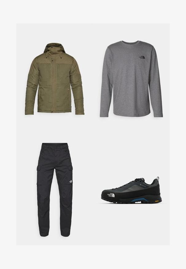 Olivově zelená prošívaná bunda s vysokým límcem, nastavitelnou kapucí, dvěma předními kapsami a elastickými manžetami. Texturovaná látka s hladkým povrchem.; The North Face M L/S SIMPLE DOME TEE - Top s dlouhým rukávem - medium grey heather; The North Face EXPLORATION PANTS - Kapsáče - black; The North Face VERTO ALPINE GORE TEX - Trekingové boty - asphalt grey/tnf black