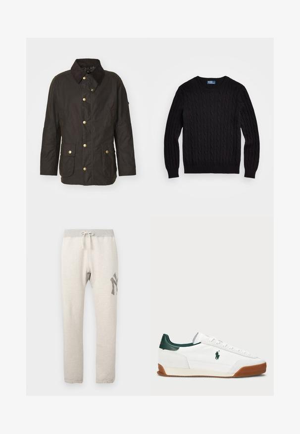 Jachetă maro ceruită cu guler din catifea, nasturi aurii, două buzunare frontale și o croială confortabilă. Textură netedă cu un finisaj ușor lucios.; Pulover negru din tricot cu model, cu guler rotund, manșoane lungi și tivuri cu nervuri. Fabricat din material texturat.; Pantaloni de trening bej deschis, cu un brâu elastic gri, șnur, buzunare laterale și un grafic gri închis pe cosul stâng.; Tenisii albi cu accente din piele verde și o talpă din cauciuc bej. Au un corp din material textil și un logo proeminent pe latură. Design cu șireturi.