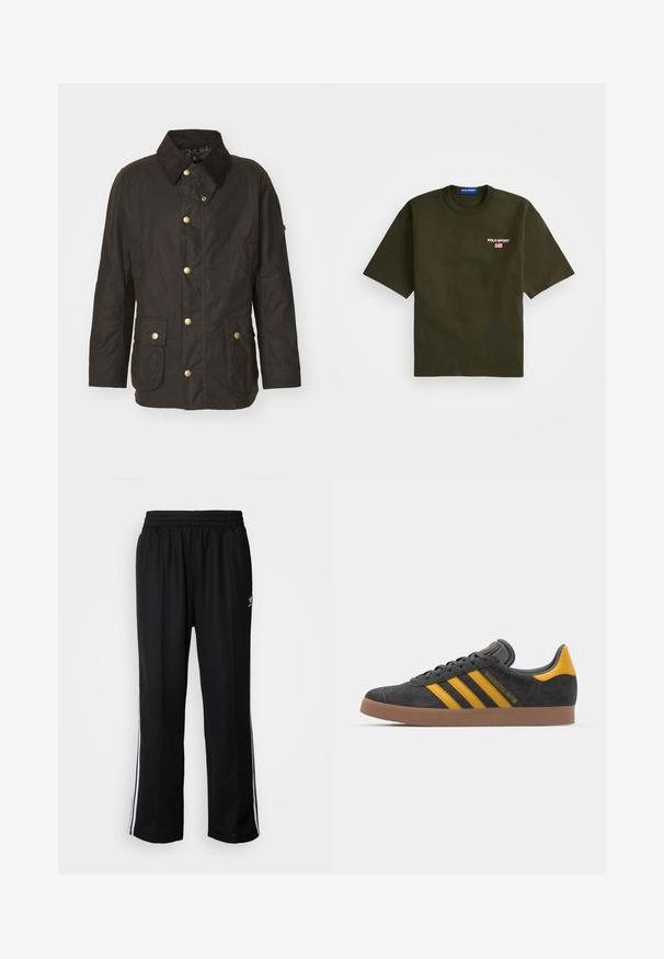 Brown waxed jacket with a corduroy collar, gold buttons, two front pockets, and a relaxed fit. Smooth texture with a slightly shiny finish.; Olive green t-shirt with short sleeves, crew neck, and embroidered "POLO SPORT" logo on the left chest, featuring an American flag detail.; Black athletic pants with an elastic waistband, featuring white side stripes and a small logo. Material appears soft and lightweight.; Black suede sneaker with yellow accents, featuring three stripes and a brown rubber sole. Includes a padded tongue for comfort.