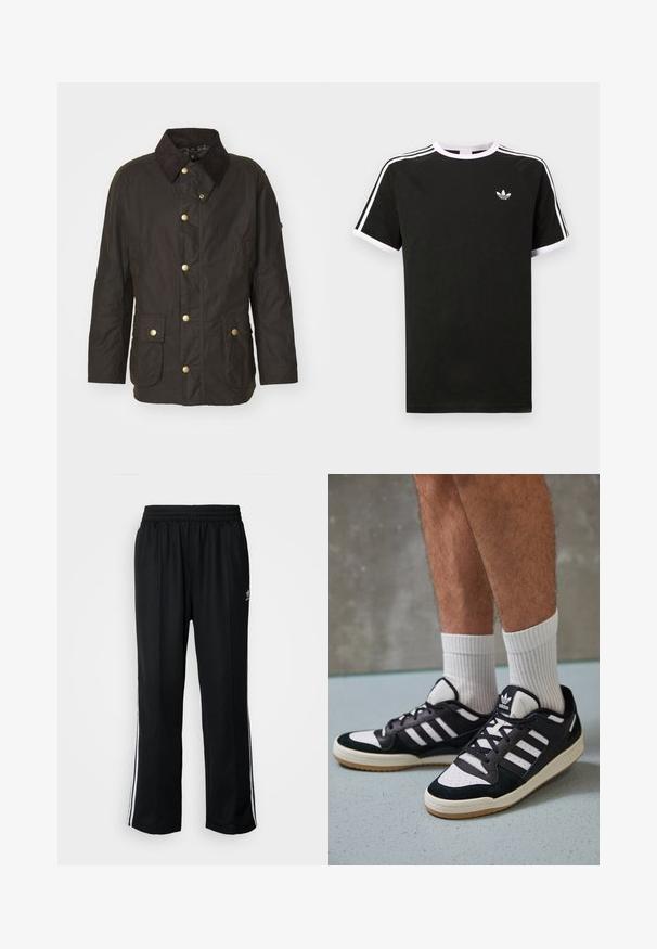 Bruine gewaxte jas met een ribfluwelen kraag, gouden knopen, twee voorkiezen en een casual pasvorm. Soepele textuur met een licht glanzende afwerking.; Zwarte T-shirt van katoen met witte accenten. Beschikt over korte mouwen, raglanontwerp en een klein logo op de borst. Drie witte strepen op de schouders.; Zwarte sportbroeken met een elastische tailleband, voorzien van witte zijkanten en een klein logo. Het materiaal lijkt zacht en lichtgewicht te zijn.; Zwart-witte sneakers met een bovenwerk van suede en leer, voorzien van drie witte strepen, een geperforeerde neus en een rubberen gumzool.