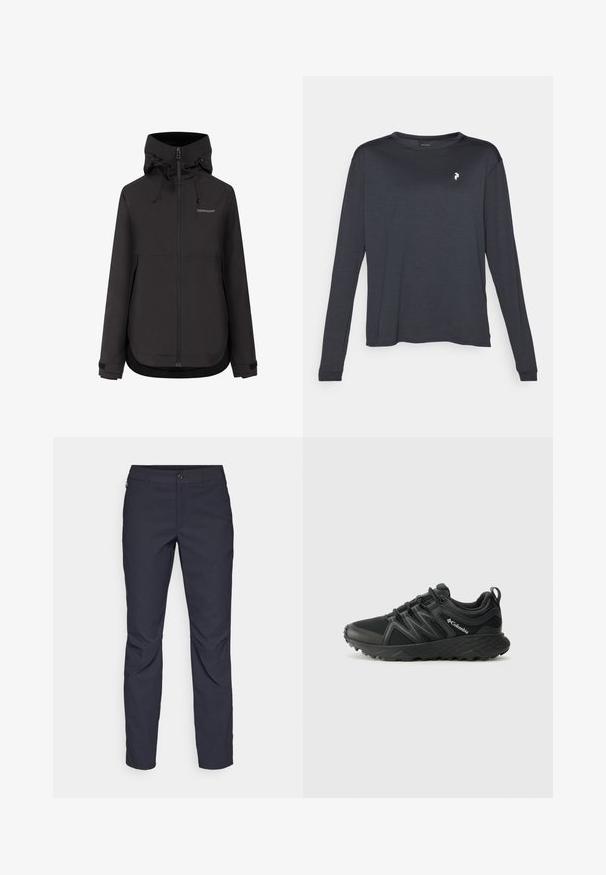 Fekete Didriksons kapucnis vízálló dzseki elülső cipzárral, állítható mandzsettákkal és a kapucnin állítható zsinórokkal.; Sötét színű, hosszú ujjú póló, textúrált anyagból készült, kerek nyakkivágással és egy kis fehér logóval a bal mellrészén.; Sötétkék nadrág sima anyagból, elülső gombos záródással, slim-fit fazonnal és gyűrött részletekkel a térdeken.; Columbia PEAKFREAK - Túracipők - black