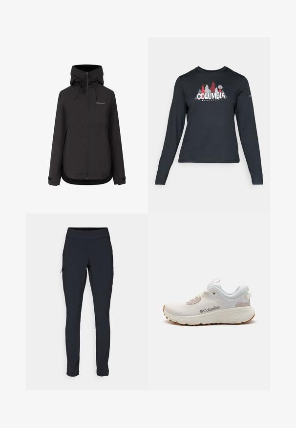 Veste imperméable noire Didriksons avec capuche, fermeture éclair à l'avant, poignets ajustables et cordons de serrage sur la capuche.; Chemise à manches longues gris foncé avec un motif d'arbres rouges et de montagnes ; logo "COLUMBIA" en lettres blanches en gras. Tissu doux, col rond standard.; Pantalons de sport noirs à coupe ajustée, avec une taille élastique et une poche latérale zippée. Tissu lisse et extensible avec des coutures minimales.; Chaussure de sport Columbia légère en mesh blanc avec une semelle texturée grise et une traction en caoutchouc. Dotée d'un collier rembourré et d'un design à lacets.